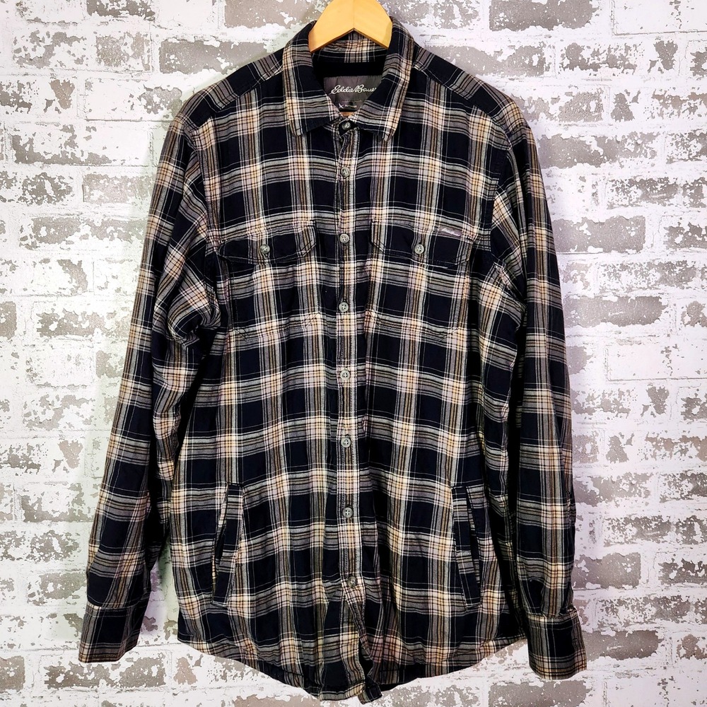 Eddie Bauer Men's Shirt Jacket Large Tall Blue Tan Plaid Cotton‎ Flannel Outdoor